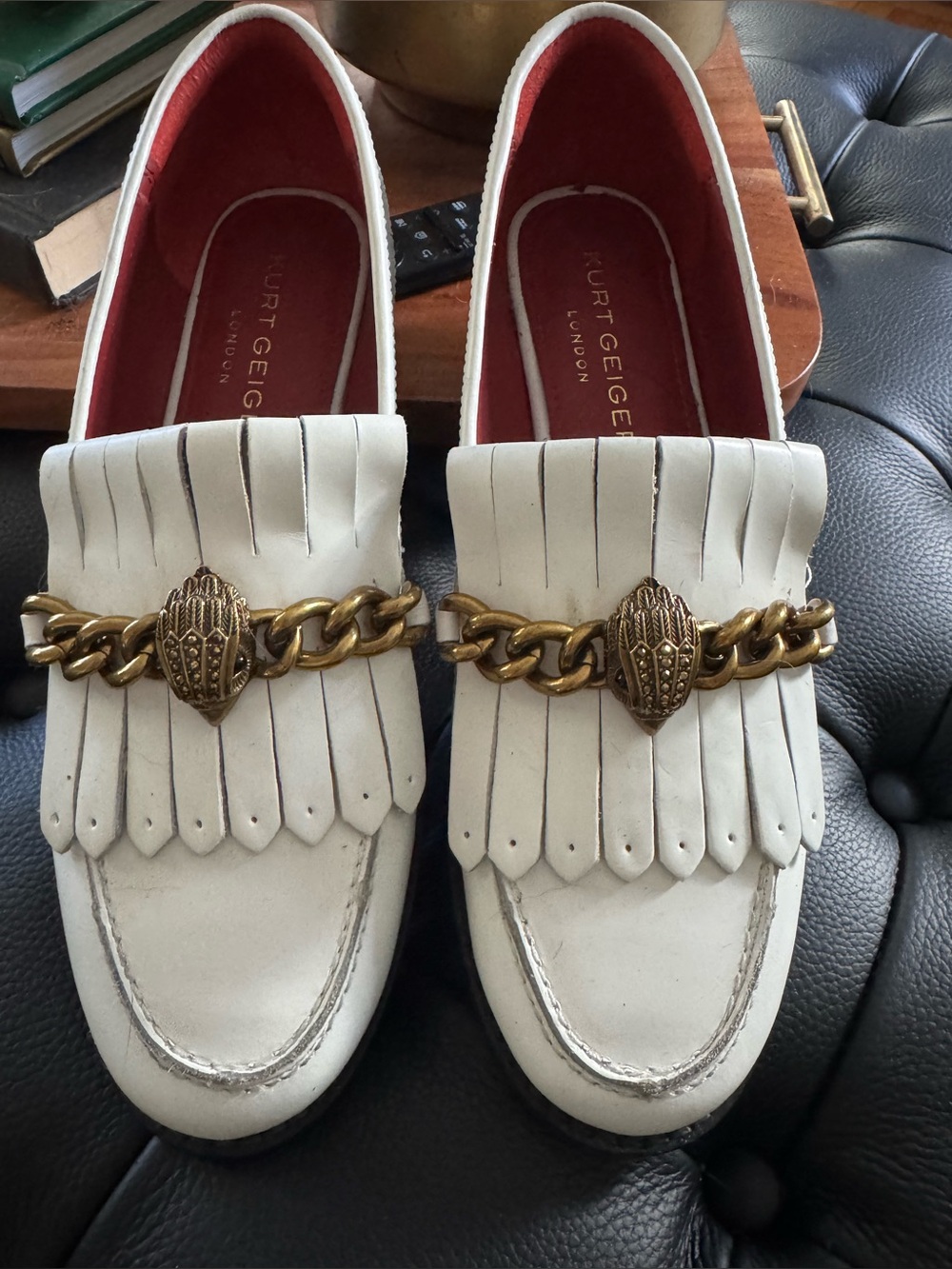 Kurt Geiger White Leather Kiltie Loafers with Gold Chain Detail